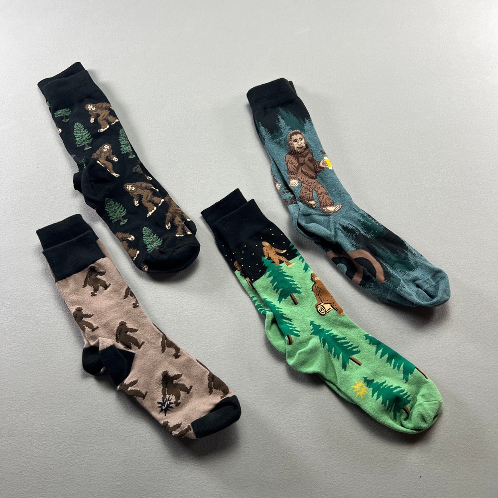 4 Pair Novelty Socks Adults OS Bear Bigfoot Sasquatch Camping Forest Outdoors